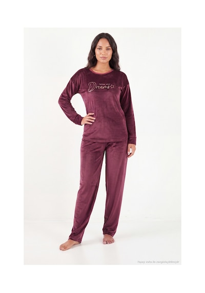 Lela Bisiklet Yaka Yumuşak Dokulu Parlak Kadife Pijama Takımı Kadın Pijama Takımı 6094209 Mürdüm MÜRDÜM