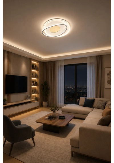 Modern Led Avize Işıklı Avize Beyaz Salon Oturma Odası Yatak Odası 100w 3 Renk Işık 50 Cm