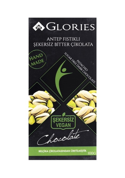 Glories Bütün Antep Fıstıklı Şekersiz Vegan Bitter Tablet Çikolata 100g 4'li Avantaj Paketi - 4 Tarı