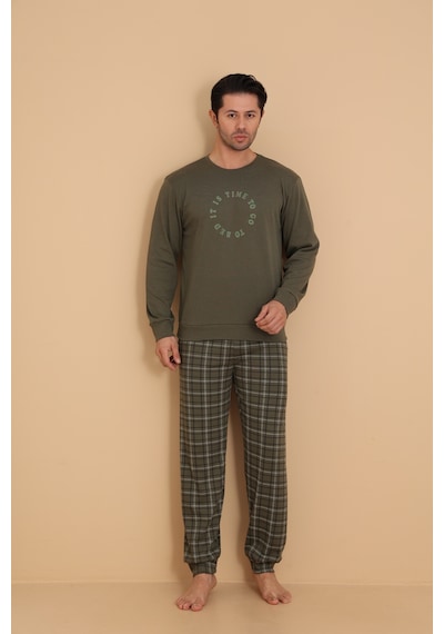 Wordex Falkom 7003 İnterlok Kışlık Ekose Pijamalı Erkek Pijama Takımı Haki