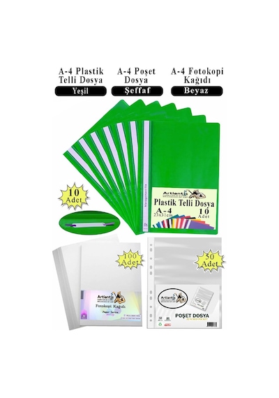 Telli Dosya Plastik A4 10 Lu Poşet Dosya 50 Li A4 Fotokopi Kağıdı 100 Adet 1 Paket Ekonomik Kaliteli Şeffaf Kapak Dosya Yeşil
