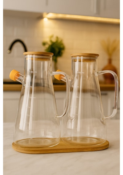 Makri Home 2'li 900 Ml Bambu Kapaklı Ve Altlıklı Borosilikat Cam Yağlık/sirkelik/sosluk Şeffaf