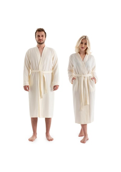 Unisex Kimono Müslin Bornoz + Havlu Seti Ekru-ekru Ekru