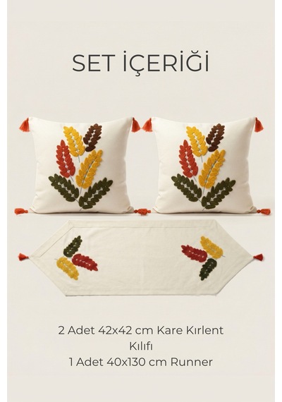 Autumn Leaf Punch Nakışlı Kırlent & Runner Seti 2 Kare Kırlent Kılıfı + 1 Runner Bej