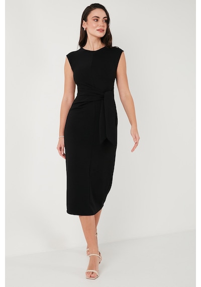 Lela Slim Fit Bisiklet Yaka Bağlama Detaylı Midi Bayan Elbise 5866164 Siyah