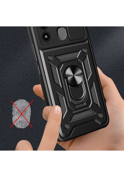 Noktaks - Tecno Uyumlu Tecno Spark 8c - Kılıf Sürgülü Kamera Korumalı Yüzüklü Çift Katman Zırh Tank Vega Kapak - Mavi