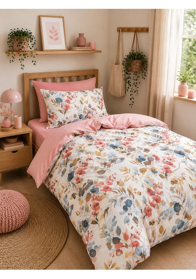 Mystory Home Tek Kişilik Lastikli Çarşaflı Nevresim Takımı Okaliptus Pembe Pudra - Pembe