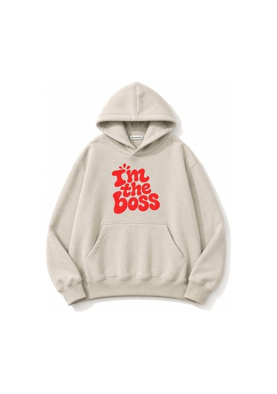 Herkesemoda Yazı Baskılı Kapüşonlu 2 İplik Şardonlu Sweatshirt Bej