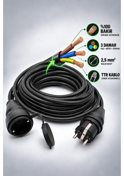 Elektrikli Araç Şarj Cihazları İçin Uzatma Kablosu 3x2.5mm %100 Tam Bakır 25 Metre