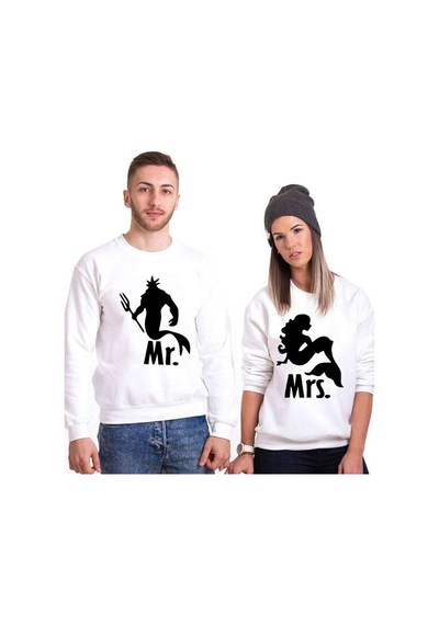 Tshirthane Mr. Mrs. Poseidon Sevgili Kombinleri Unisex Sweat Kırık Beyaz