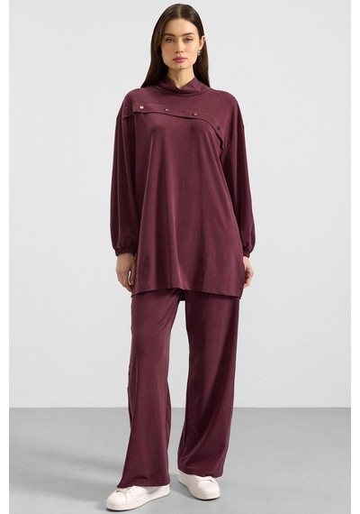 Olcay Metal Aksesuarlı Premium Kumaş Sweat Pantolon Takım Bordo 9404-tk