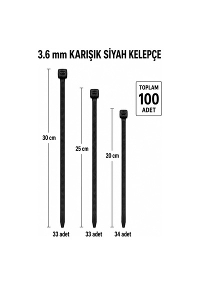 Plastik Kelepçe, Cırt Kelepçe, Kablo Bağı Seti, 100 Adet,karışık Boy 20 Cm, 25 Cm, 30 Cm , 3.6 Mm, Kablo Düzen Genel