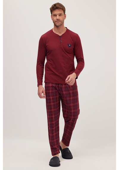 Tudors Erkek Regular Fit Pamuklu Düğmeli Yaka Beli Lastikli Desenli Bordo Pijama Takımı-39790 Bordo
