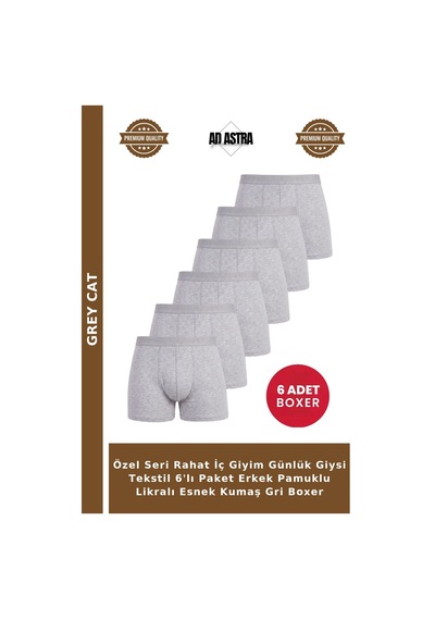 Grey Cat Özel Seri Rahat İç Giyim Günlük Giysi Tekstil 6'lı Paket Erkek Pamuklu Likralı Esnek Kumaş Gri Boxer