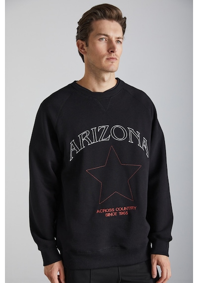 Grımelange Domagoj Erkek Organik Pamuklu Western Baskılı Bisiklet Yaka Oversize Siyah Sweatshirt