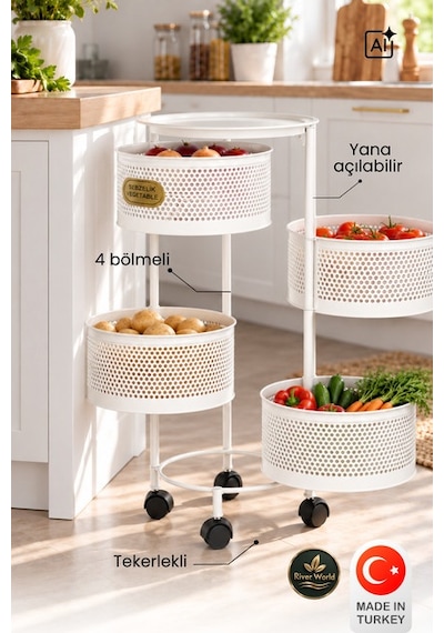 River World Tekerlekli Rengi Beyaz Açılabilen 4 Katlı Çok Amaçlı Metal Raf Mutfak, Balkon, Kiler Çok Renkli