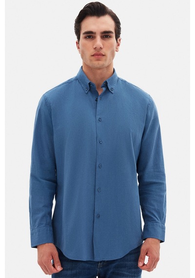 D'S Damat Ds Damat Comfort İndigo Düğmeli Yaka Rahat Kesim Keten Görünümlü %100 Pamuk Gömlek 2hc02ort64265 İndigo