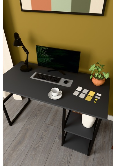 Modern Raflı Ders Çalışma Masası %100 Mdf Bilgisayar Masası Metalçm01 Antrasit