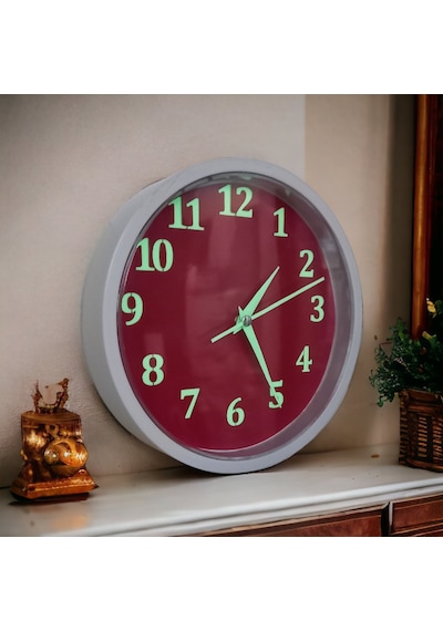 Fosforlu Gece Parlayan Kırmızı Beyaz Salon Ofis Duvar Saati 22 Cm Kırmızı