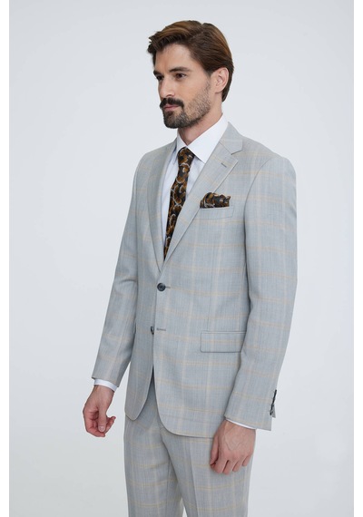 Erkek Gri Bej Regular Fit Ekose Takım Elbise Gri - Bej