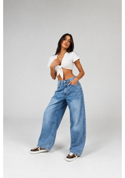 Bluemarlin Buz Kar Ön Yan Parçalı Diz İşlemli Baggy Jeans Mavi