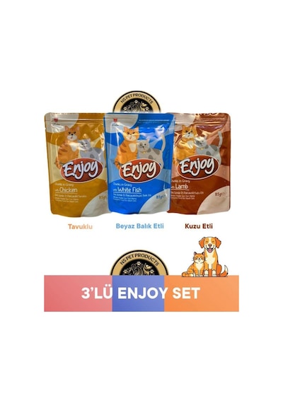 Enjoy Pouch Sos İçinde Et Parçacıklı Kuzu Etli/ Tavuklu/ Beyaz Balıklı Yaş Kedi Maması 3x85 Gr