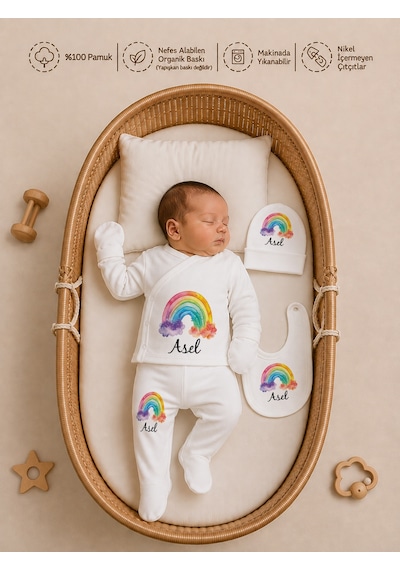 Pia Baby Kız Bebek Hastane Çıkışı 12 Parça %100 Pamuk İsme Özel Organik Baskılı Kese Hediyeli 101911k0x Ekru