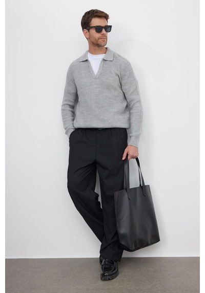 Tudors Erkek Slim Fit Dar Kesim Polo Yaka Gri Kazak-41796 Açık Gri