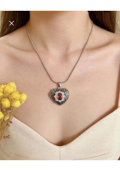 Kapaklı Osmanlı Motif Kalp Kolye Fotoğraf Konulabilir Kırmızı Taşlı Vintage Altın Renk Kadın Kolye Gümüş