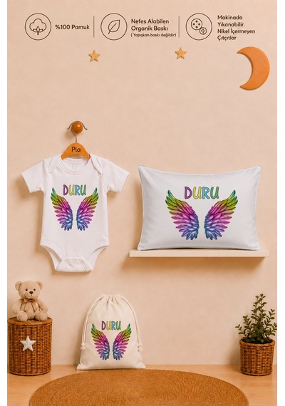 Pia Baby Kız Bebek İsme Özel Hediye Seti %100 Pamuk Body Yastık Kılıfı Ve Ham Bez Bebek Kıyafet Kesesi 2051byk2x Ekru