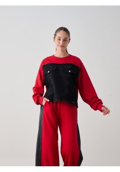 Kız Çocuk Mevsimlik Altı Denim Cepli 3 İplik Sweatshirt-14777 Kırmızı