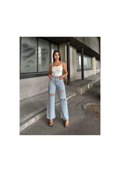 Kene Jeans Çift Diz Lazer Yırtık Buz Kar Bol Paça Jeans Buz Kar
