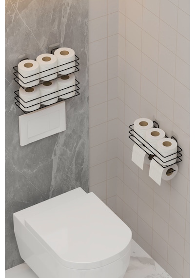 Yapışkanlı Yedekli 3'lü Set Tuvalet Kağıtlığı Wc Tuvalet Kağıdı Askısı Ve Tutucu Siyah Metal