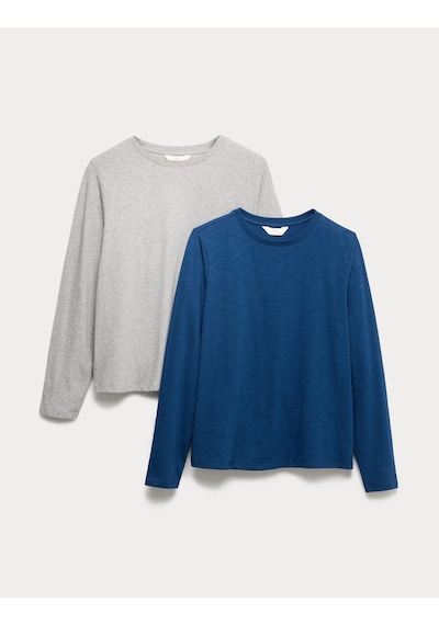 Marks & Spencer 2’li Pure Cotton Uzun Kollu Pijama Üstü T37003663T Lacivert