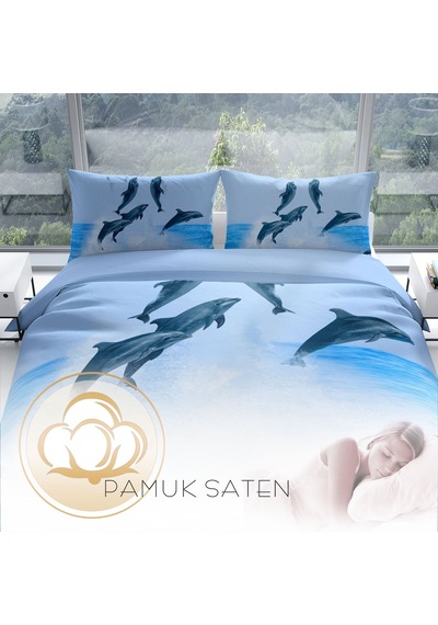 Cattleya Dolphin2 3D Pamuk Saten Çift Kişilik Nevresim Takımı Çok Renkli