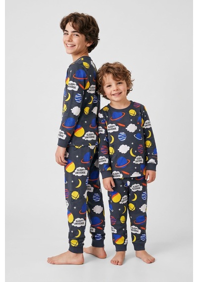 Zuzunga Planet Pattern Uzun Kollu Erkek Çocuk Pijama Takımı Füme