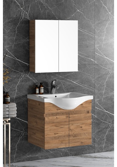 Yıldız 65 Cm Atlantik Çam Mdf Seramik Lavabolu Asma Banyo Dolabı Takımı