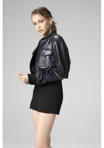 Lacivert Dericlub Wm036 Ribanalı Gerçek Deri Crop Mont