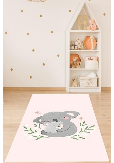 Pelangi Koala Ve Yavru Koala Hayvan Desenli Yıkanabilir Kaymaz Taban Leke Tutmaz Çocuk Odası Halısı, Pembe-gri 180 Diğer