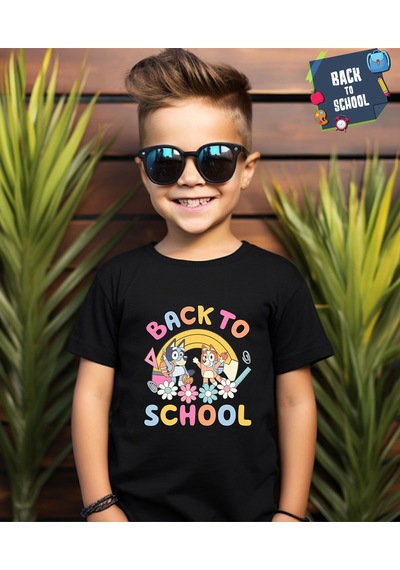 Aselinda Bluey Baskılı Back To School Unisex Çocuk Tişört-okula Dönüş Baskılı Çocuk Tişört Siyah