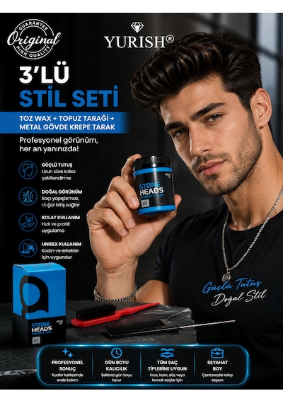 3'lü Stil Seti Toz Wax + Topuz Tarağı + Metal Gövde Krepe Tarak 0
