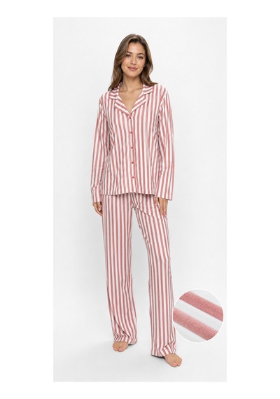 Sleeproom Kadın Süet Mevsimlik Uzun Kol Pudra Pembe Çizgi Desen Pijama Takımı