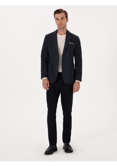 Cacharel Lacivert Slim Fit Yün Karışımlı Flanel Görünümlü Ceket