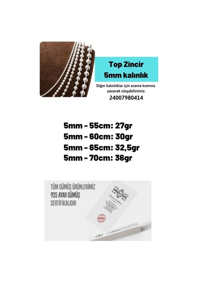 Erkek Gümüş Kolye - 5mm Top Zincir Model 925 Ayar Gümüş Erkek Kolye Zincir 24007980414