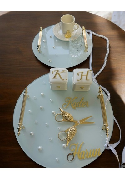 Beloved Gold Beyaz İncili Söz Tepsisi Nişan Tepsisi Ve Damat Kahve Fincan Tepsisi Krem Krem