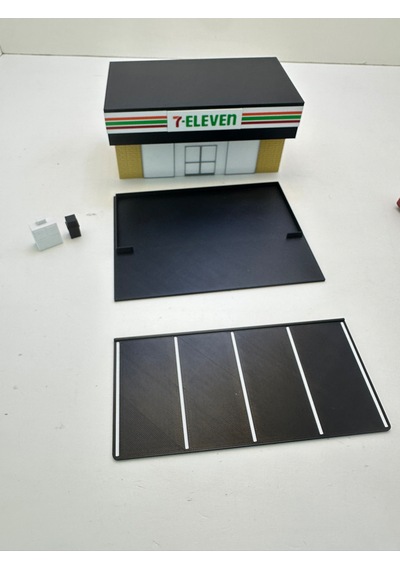 3d Baskı 1/64 Ölçekli 7 Eleven Bina Tasarımlı Diorama Araç Sergileme Garajı
