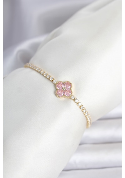 Pirinç Pembe Zirkon Taşlı Yonca Model Su Yolu Kadın Bileklik Go Çok Renkli