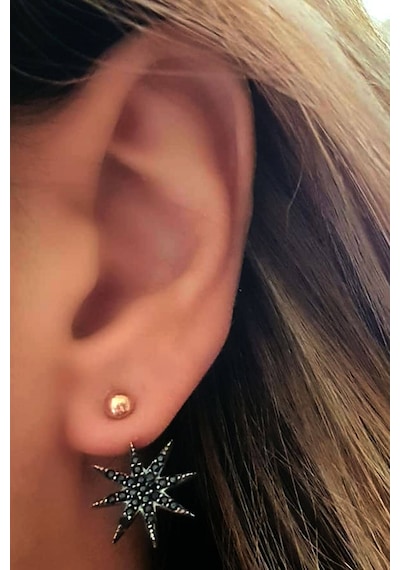 Kutup Yıldızı Figürlü Oniks Taşlı Gümüş Rose Earcuff Cift Küpe