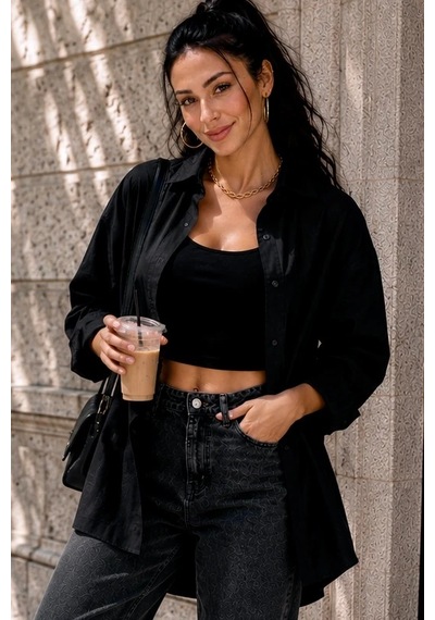 Bb Butik Basic Kadın Oversize Poplin Gömlek Uzun Kollu Basic Gömlek Tr0735 siyah