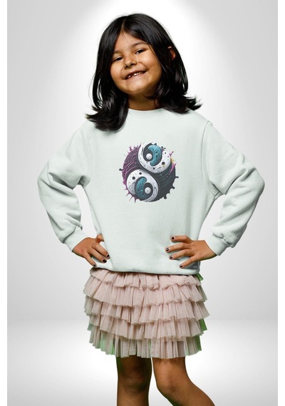Renkli Yin İle Yang Kuramı Unisex Beyaz Baskılı Sweatshirt Beyaz